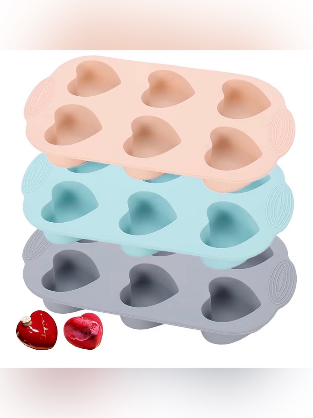 Heart-Shaped Silicone Baking Molds - Pink, Blue and Gray (Set of 3)
